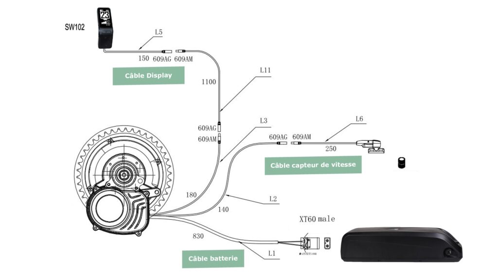 Schéma câblage moteur vélo électrique avec pièces étiquetées.