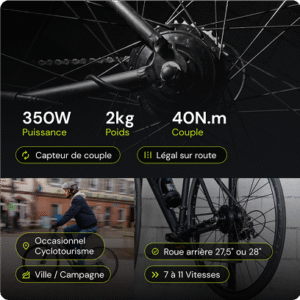 Vélo électrique 350W, 2kg, 40Nm, légal sur route.