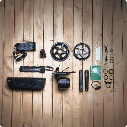 Kit de conversion vélo électrique sur bois.