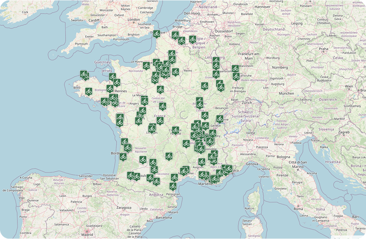 Carte des itinéraires de randonnée à vélo en France.