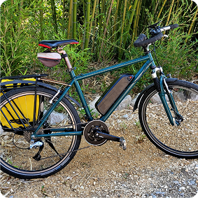 Vélo électrique vert avec sacoche et bambous