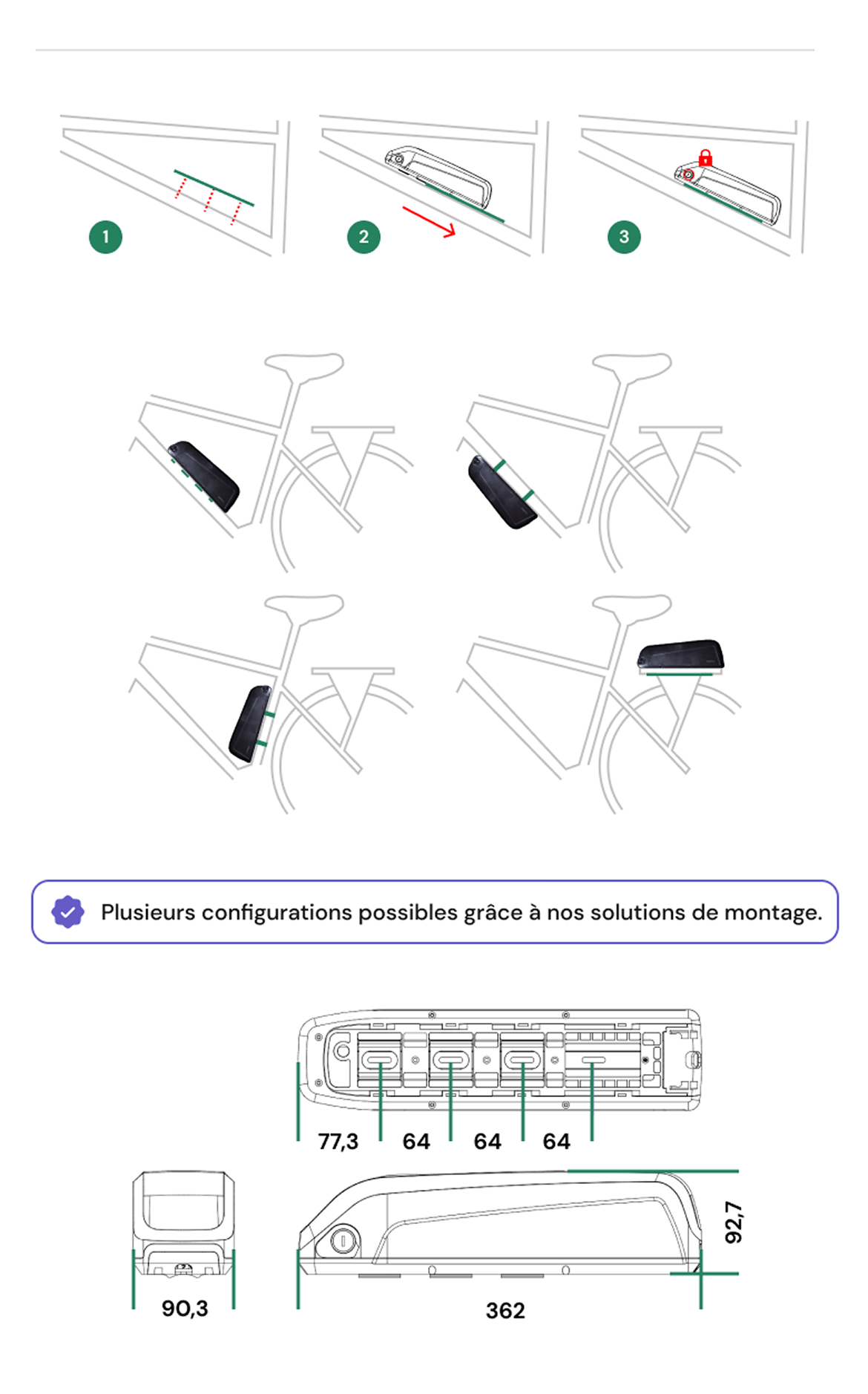 Instructions de montage batterie vélo, plusieurs configurations.