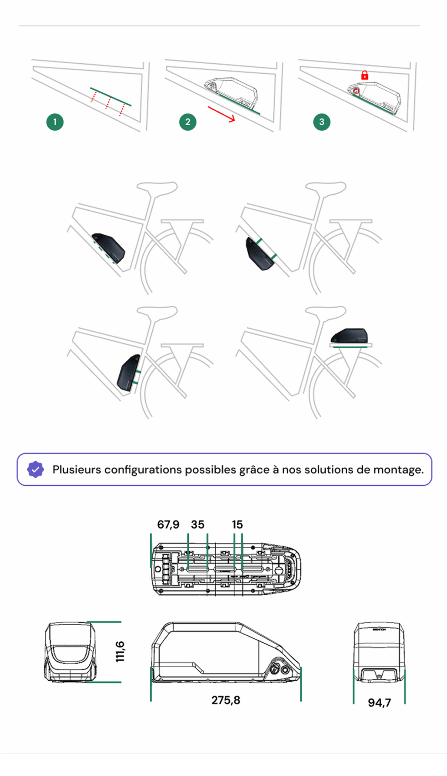 Instructions de montage pour batterie sur cadre de vélo.