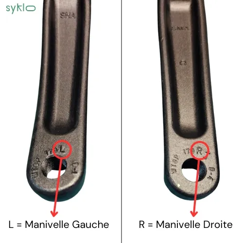Manivelles de vélo gauche et droite marquées
